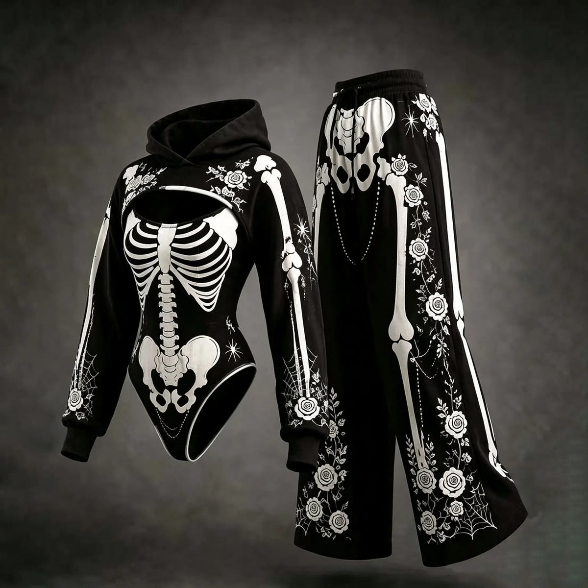 Women's Retro Halloween Skeleton Rose Print Hoodie Three-piece Set