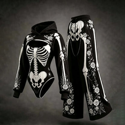 Women's Retro Halloween Skeleton Rose Print Hoodie Three-piece Set
