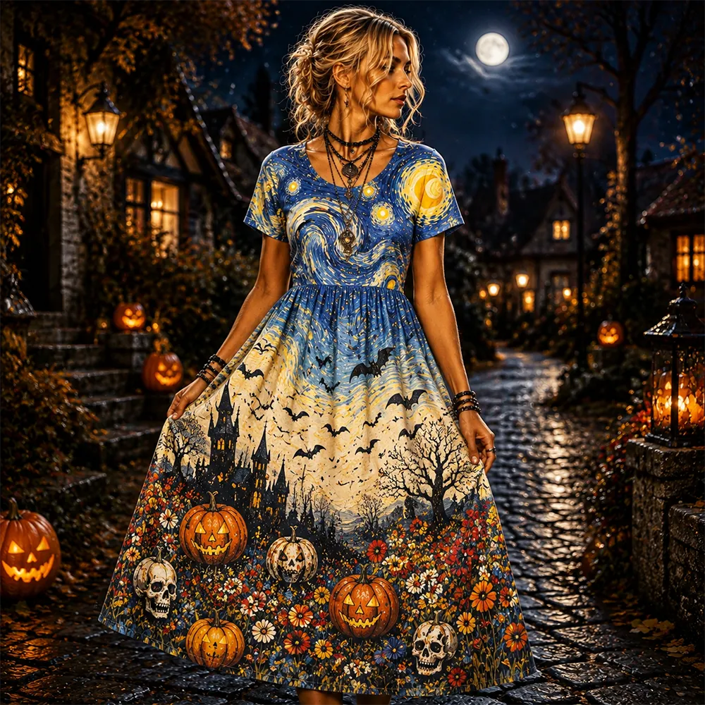 Women's Halloween Starry Night Theme Maxi Dress - Spooky Castle, Bats And Pumpkins Print Flowy Dress