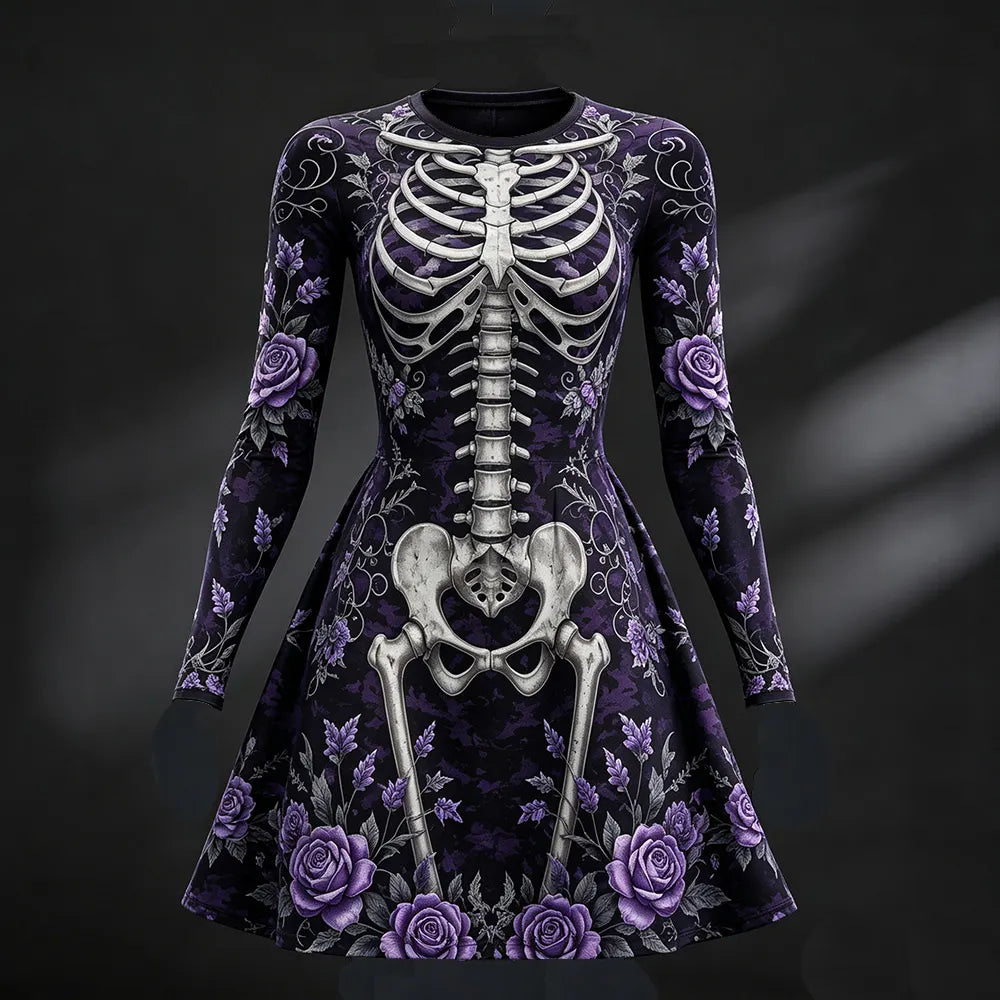 Women's Vintage Halloween Anatomy And Floral Art Comfy Playful Crewneck Long Sleeve Dress
