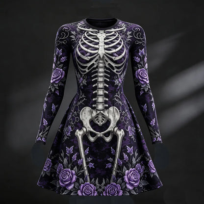 Women's Vintage Halloween Anatomy And Floral Art Comfy Playful Crewneck Long Sleeve Dress