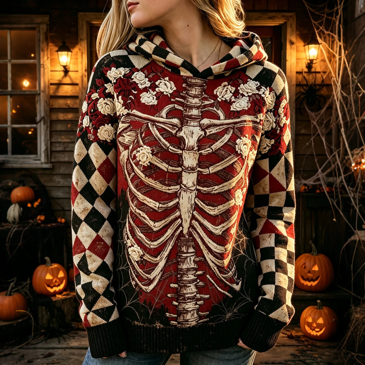 Women's Vintage Halloween Skeleton Poker Flowers Print Cozy Art Knit Hooded Sweater