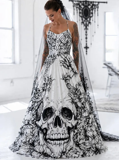 Women's Gothic Halloween Skull Floral Print Strappy Dress