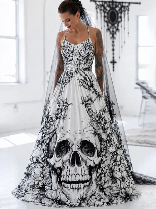 Women's Gothic Halloween Skull Floral Print Strappy Dress