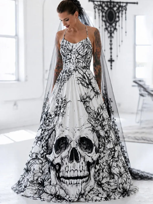 Women's Gothic Halloween Skull Floral Print Strappy Dress