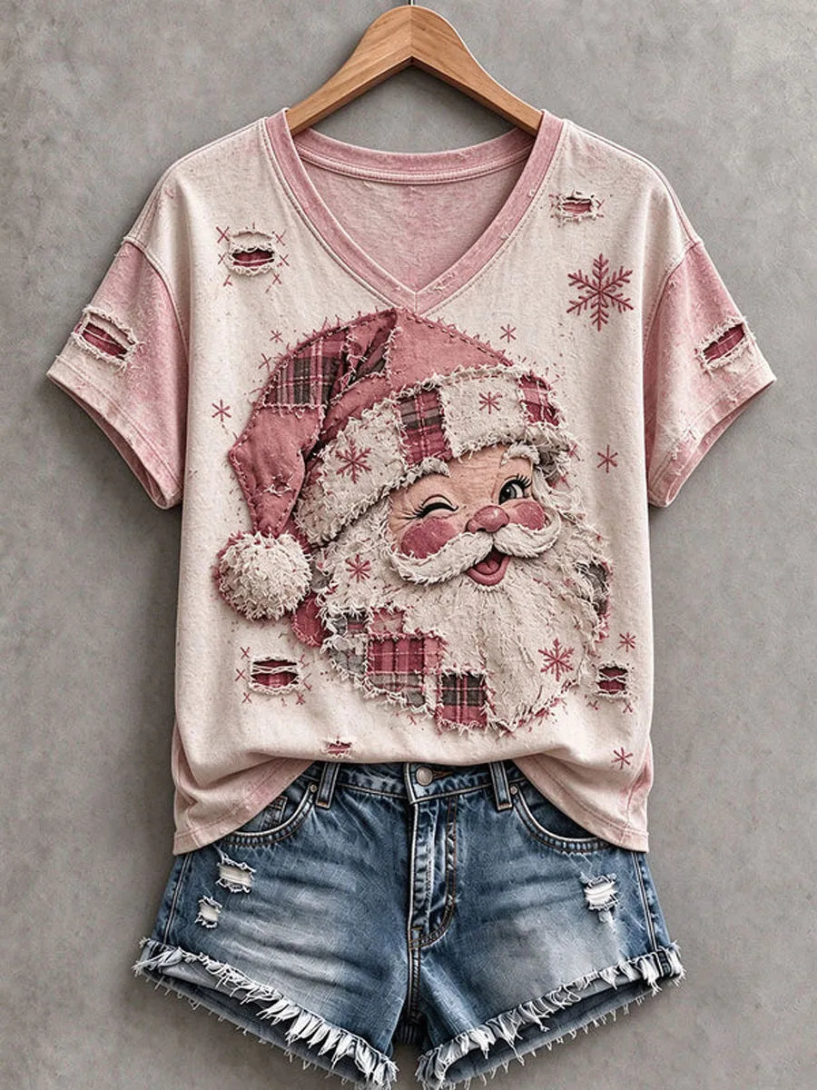 Ladies' Christmas V-Neck Short Sleeved Shirt