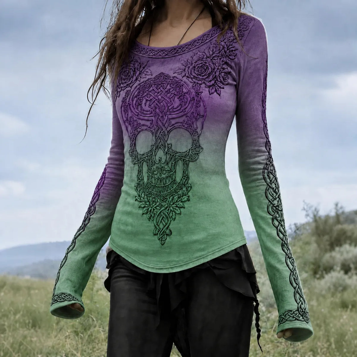 Women's Halloween Gothic Celtic Skull Flowers Pattern Casual T-shirt
