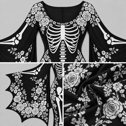 Women's Gothic Skeleton With White Roses Batwing Flare Sleeve Round Neck Bodycon Maxi Dress – Halloween Costume