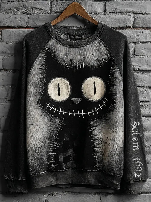 Women's Retro Halloween Black Cat Art Print Casual Sweatshirt
