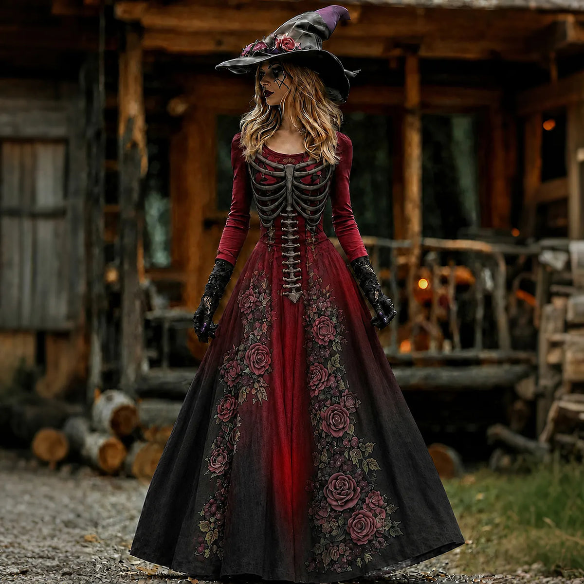 Vintage  Skull Rib Cage Rose Pattern Maxi Dress