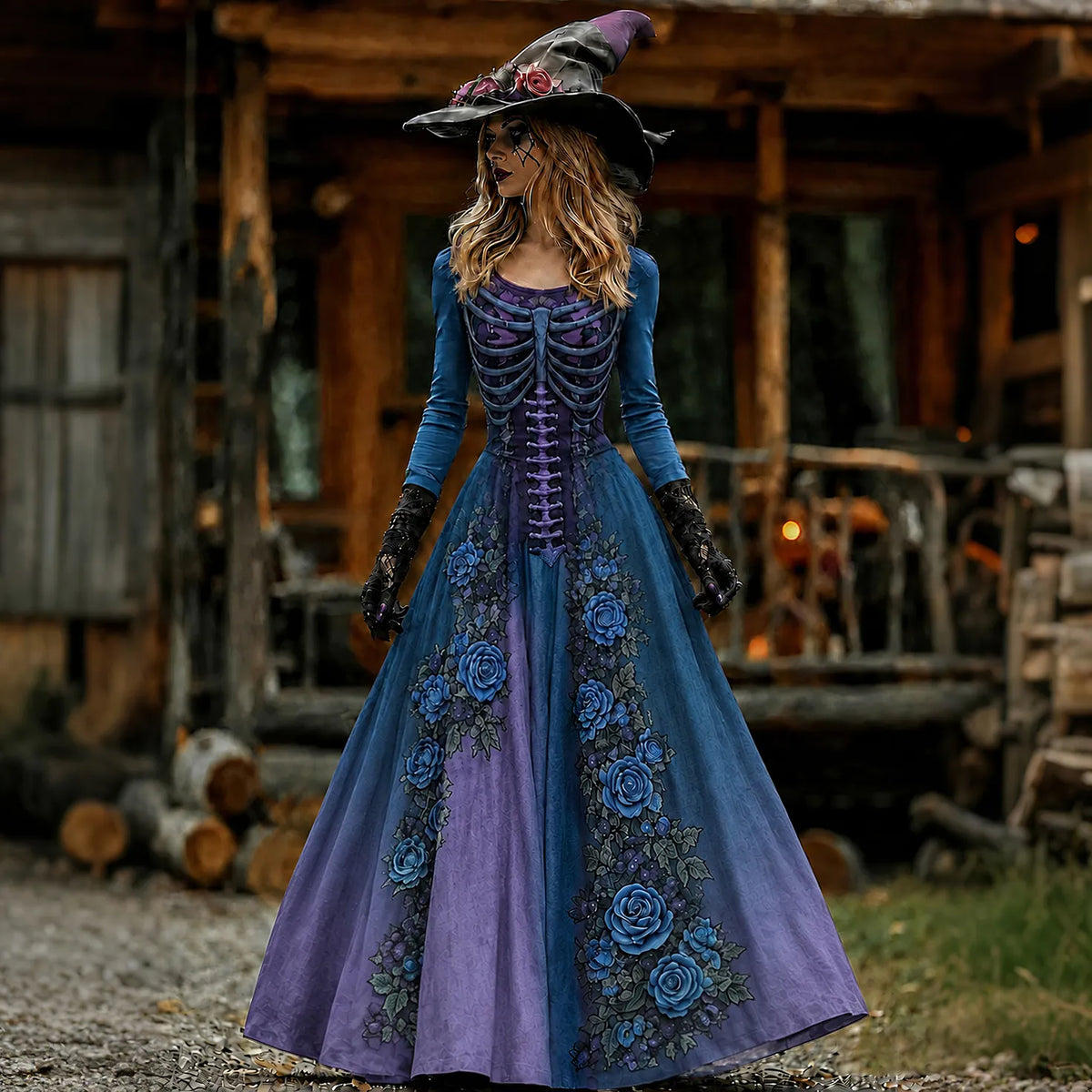 Vintage  Skull Rib Cage Rose Pattern Maxi Dress