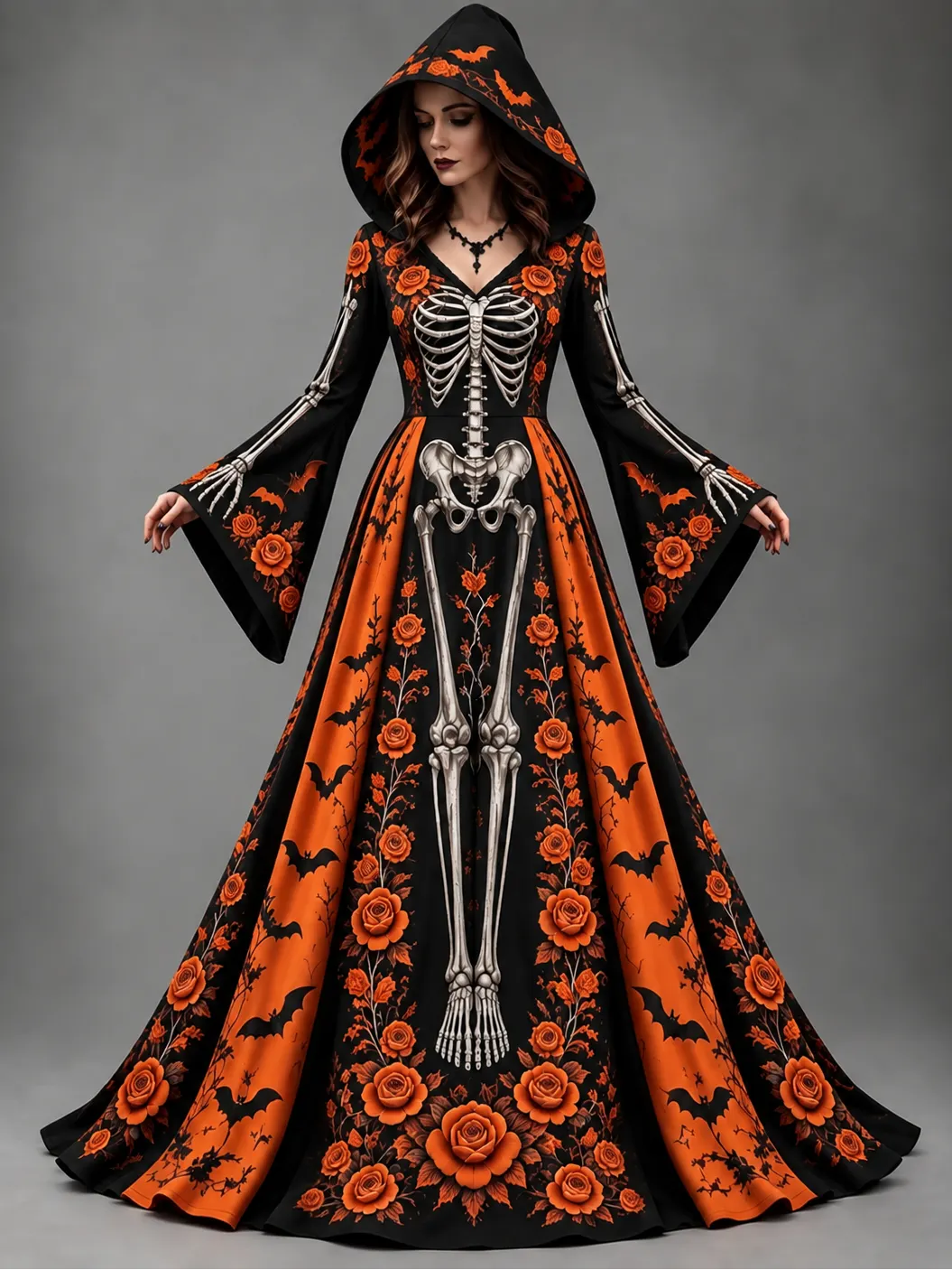 Women's Halloween Gothic Skeleton & Floral Bat Long-sleeve Hooded Long Dress