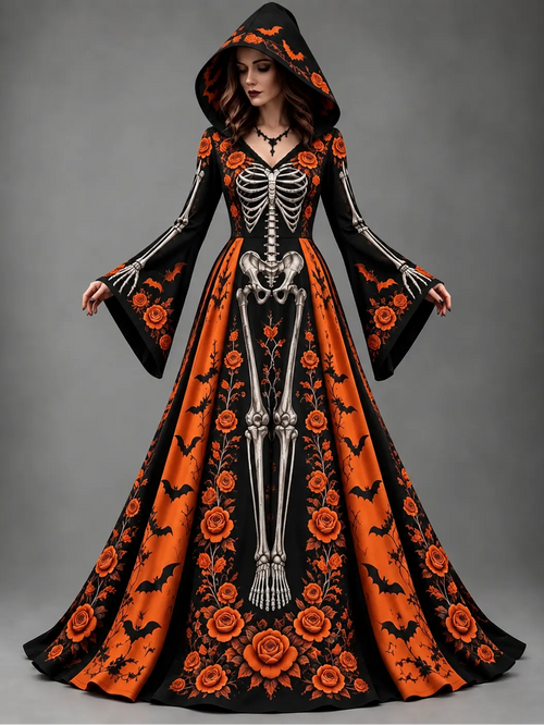 Women's Halloween Gothic Skeleton & Floral Bat Long-sleeve Hooded Long Dress