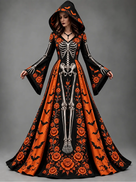 Women's Halloween Gothic Skeleton & Floral Bat Long-sleeve Hooded Long Dress