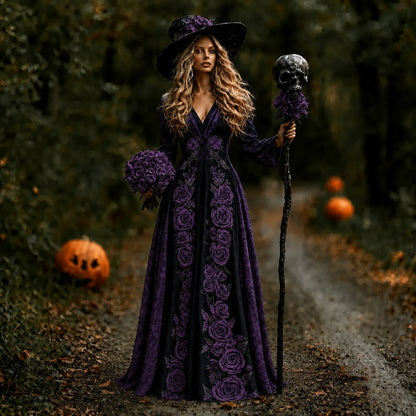 Women's Vintage Halloween Purple Rose Art Comfy Linen Maxi Dress