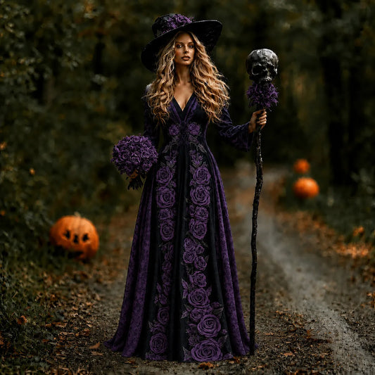 Women's Vintage Halloween Purple Rose Art Comfy Linen Maxi Dress