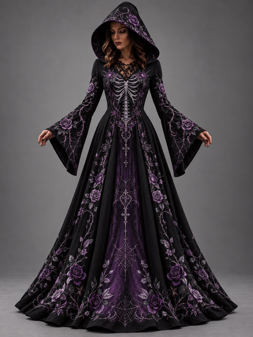 Women's Halloween Gothic Skeleton & Floral Art Long-sleeve Hooded Dress
