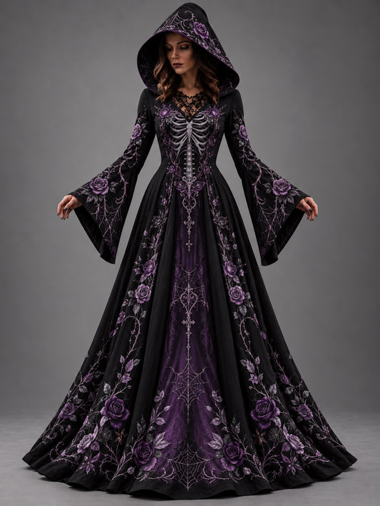 Women's Halloween Gothic Skeleton & Floral Art Long-sleeve Hooded Dress