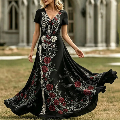 Women's Retro Halloween Human Skeleton Floral Print V-neck Dress