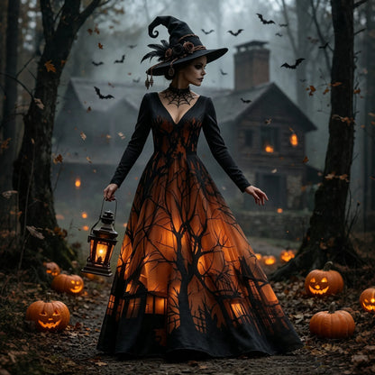 Women's Halloween Gradient Treehouse Print Witch V-neck Maxi Dress