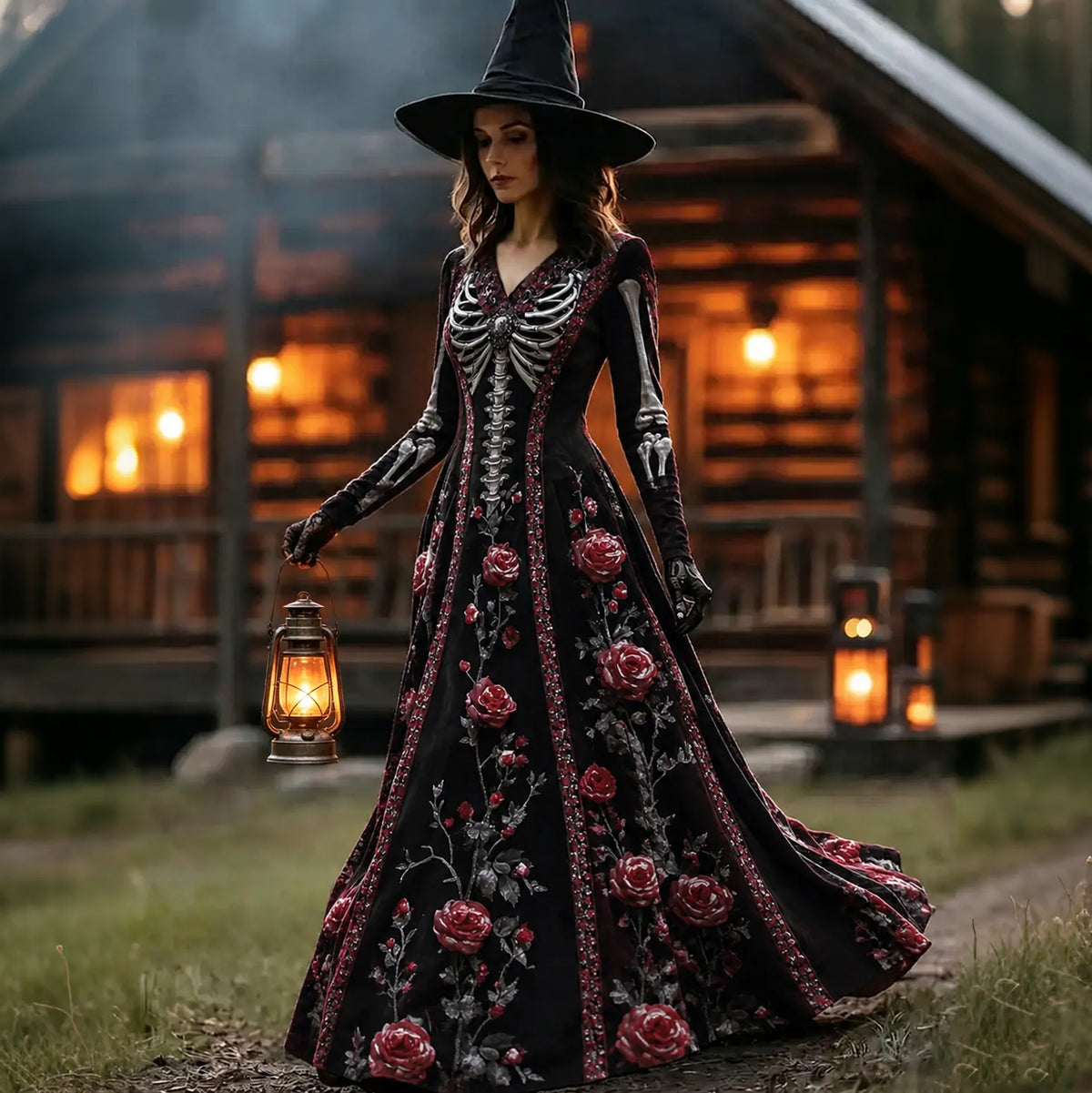 Women's Retro Halloween Gothic With Floral Pattern Print V-neck Maxi Dress