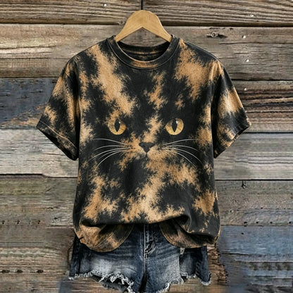 Women's Retro Abstract Creative Tortoiseshell Cat Graphic Casual T-shirt