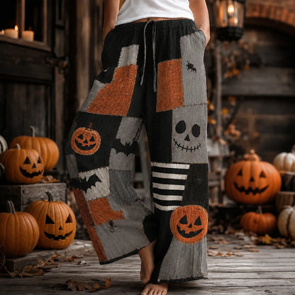 Women's Halloween Retro Pumpkin Bat Color Block Cotton Linen Pants