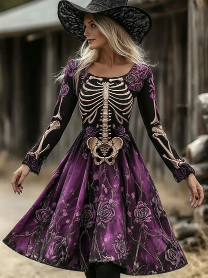 Women's Retro 1692 Halloween Skull And Spiderweb Print Casual  Dress