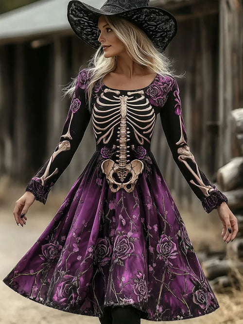 Women's Retro 1692 Halloween Skull And Spiderweb Print Casual  Dress