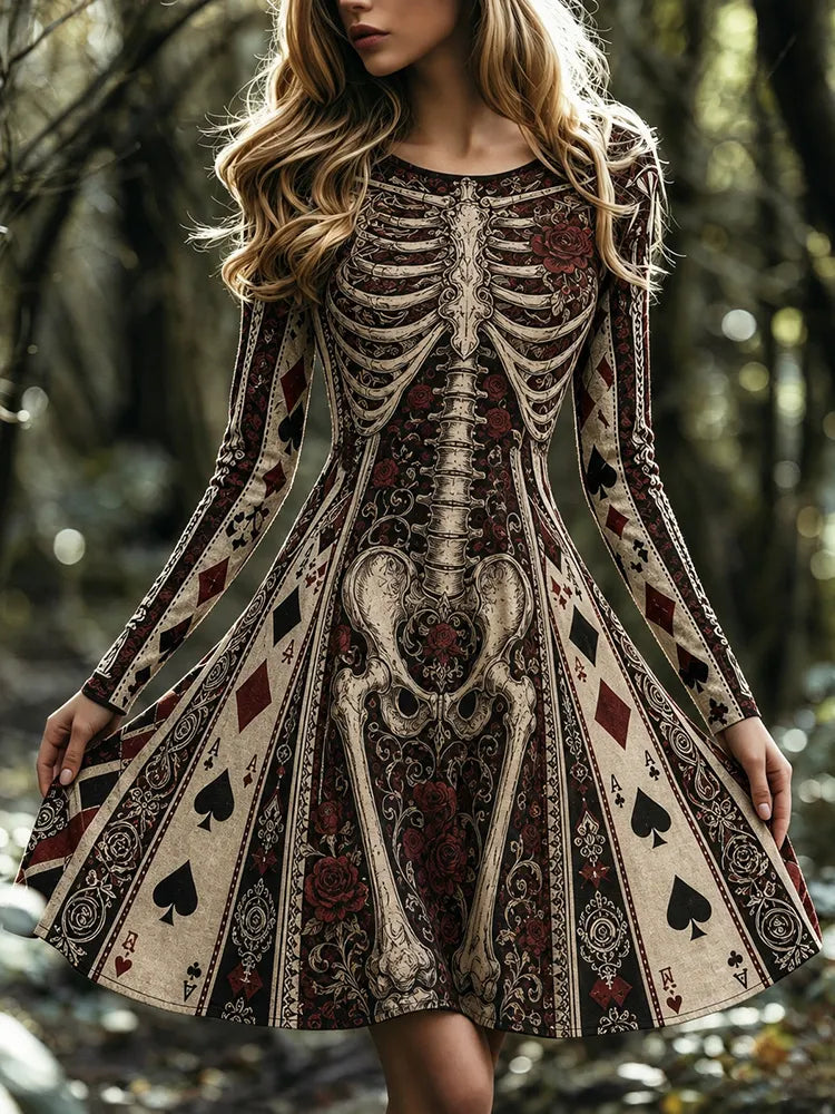 Women's Halloween Gothic Skeleton & Rose Floral Poker Print Round Neck Mini Dress