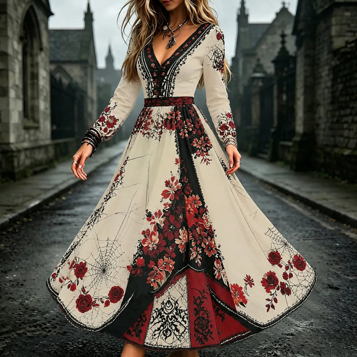 Women's Retro Halloween Floral Spiderweb Color Block Art Print V-neck Long Sleeve Dress