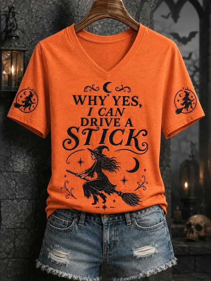 Women's Retro 'yes, Actually, I Can Drive A Manual' Halloween Print Casual V-neck T-shirt