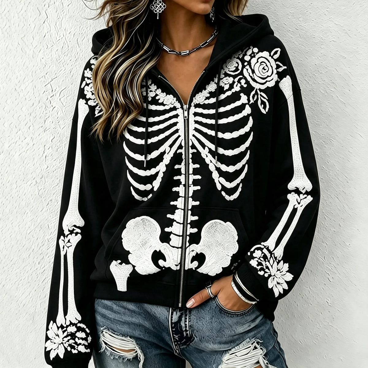 Women's Retro Skull Rose Halloween Zippered Gothic Hoodie