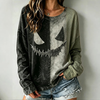 Women's Halloween Scary Face Ghost Color Blocking Art Print Casual Sweatshirt