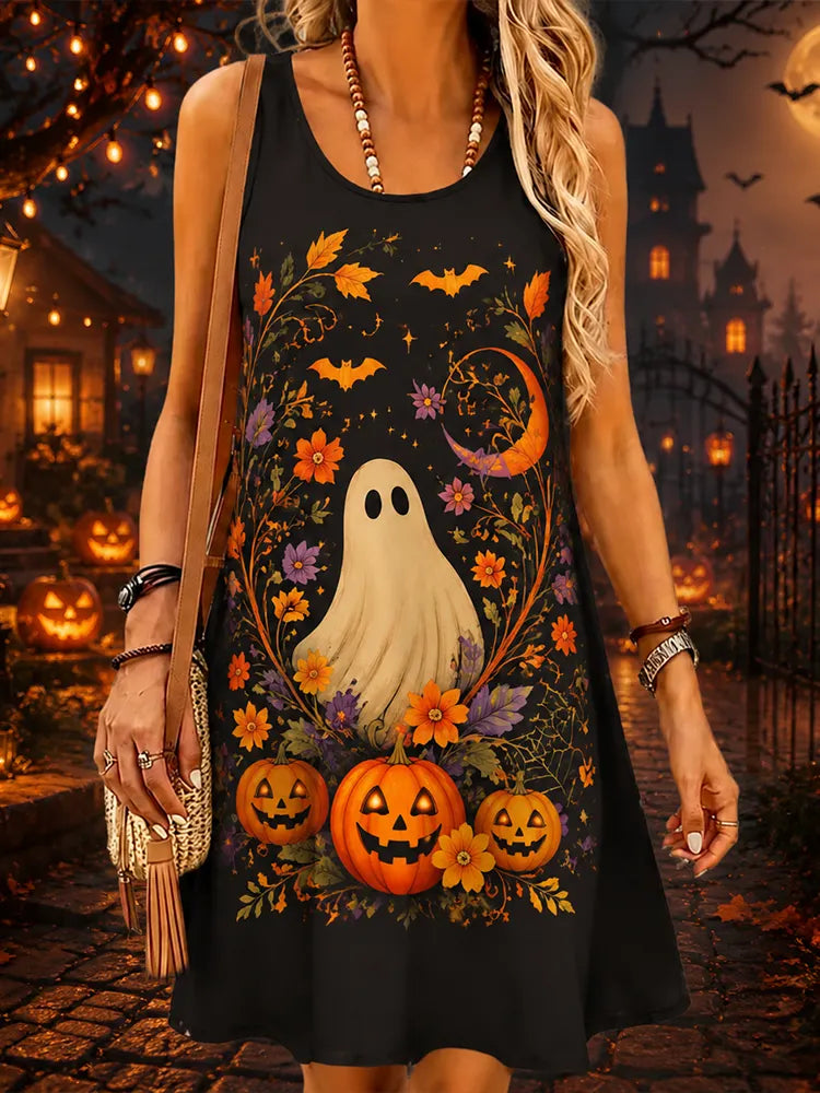 Women's Sleeveless Scoop Neck Halloween Tank Dress Featuring Cute Ghost, Jack-o'-lanterns, And Autumn Floral Wreath