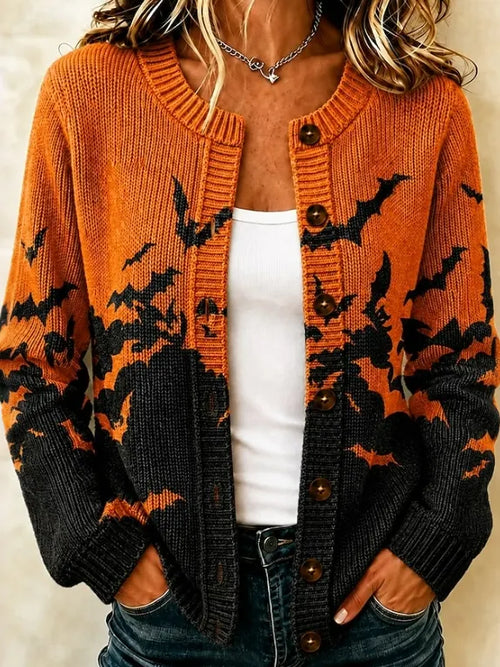 Women's Halloween Gothic Style Bat Gradient Art Print Knit Button Cardigan