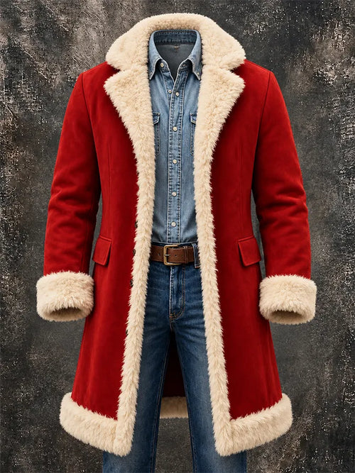 Men'S Long Coat , Color-Block Design, And Plush Paneling – Warm Christmas Style