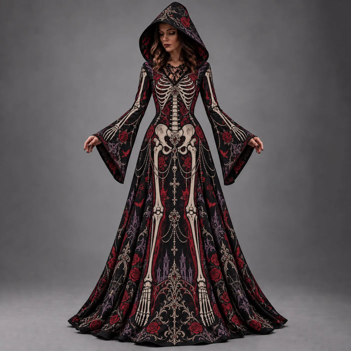Women's Halloween Gothic Skeleton & Floral Long-sleeve Hooded Long Dress