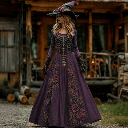 Vintage  Skull Rib Cage Rose Pattern Maxi Dress
