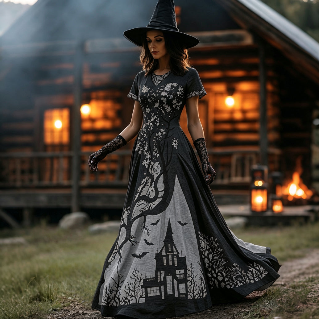 Women's Halloween Gradient Treehouse Design Witch V-neck Short Sleeves Maxi Dress