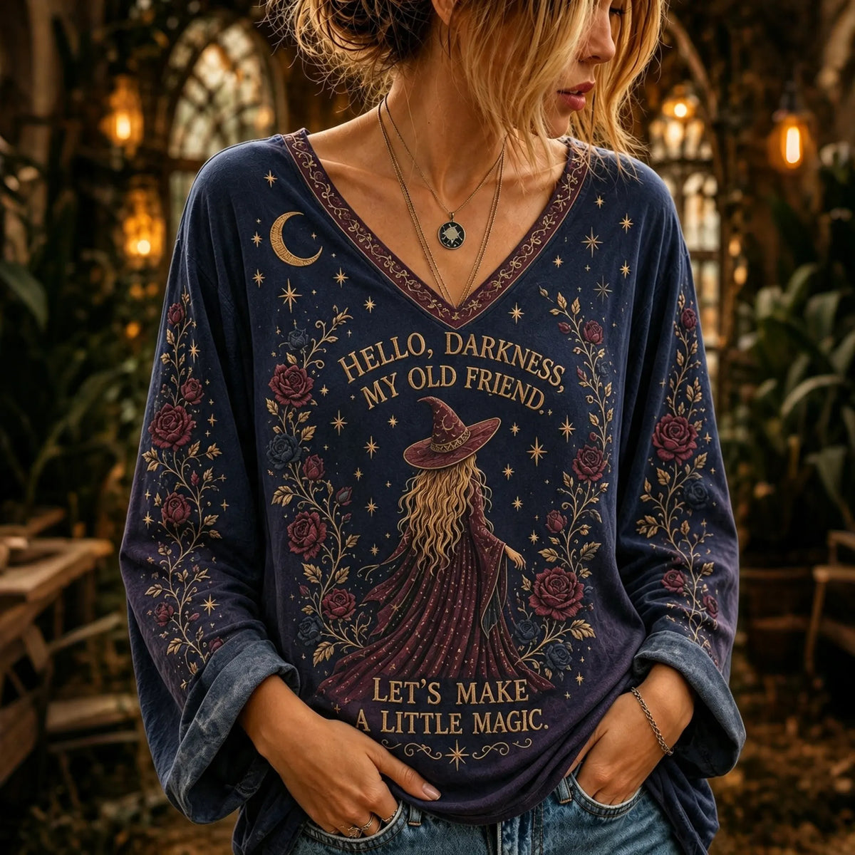 Women's Retro Halloween Witch Letter Sun Moon Rose Print V-neck Long Sleeve Cotton Linen Top