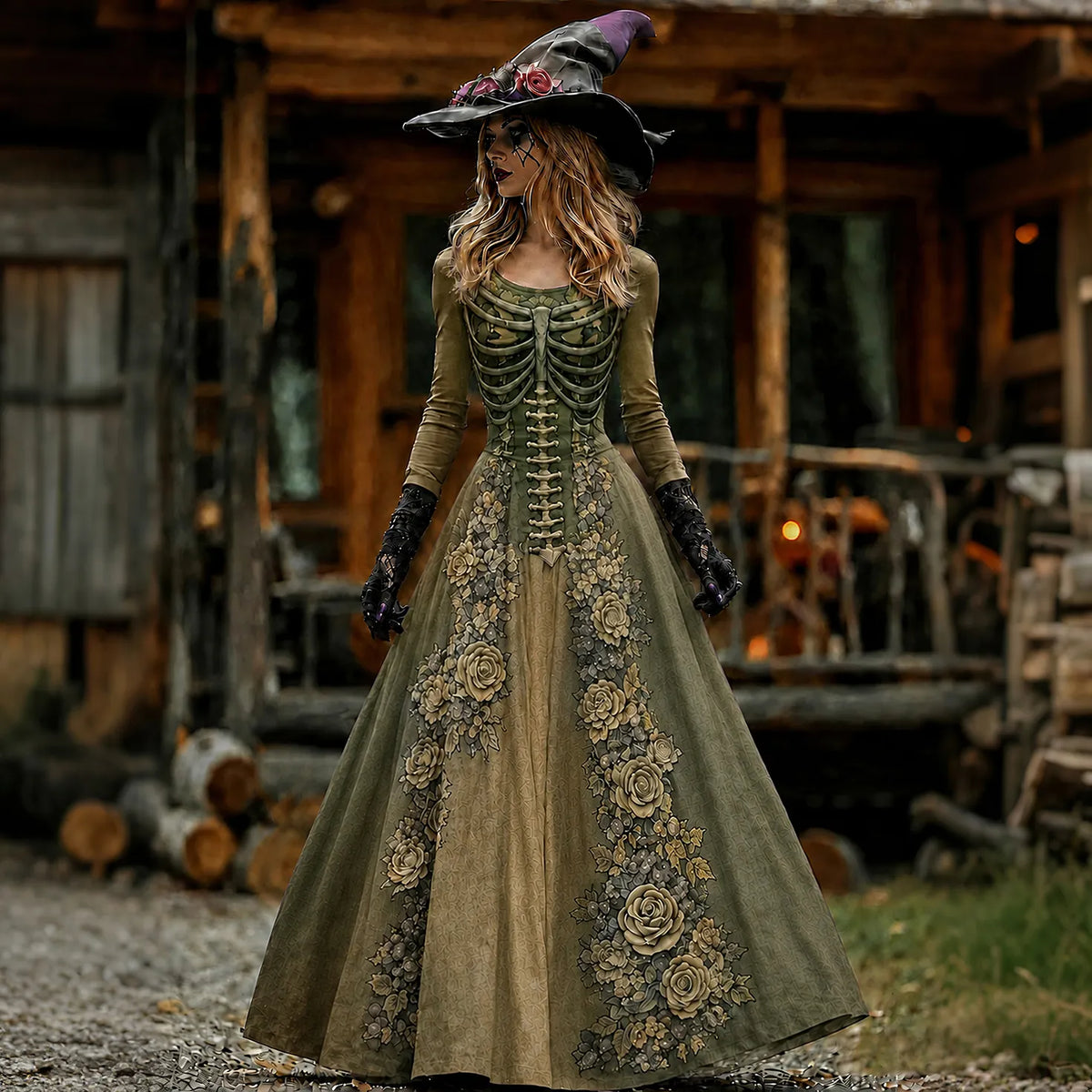 Vintage  Skull Rib Cage Rose Pattern Maxi Dress