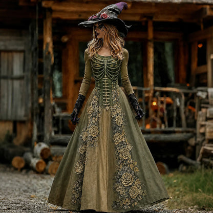 Vintage  Skull Rib Cage Rose Pattern Maxi Dress