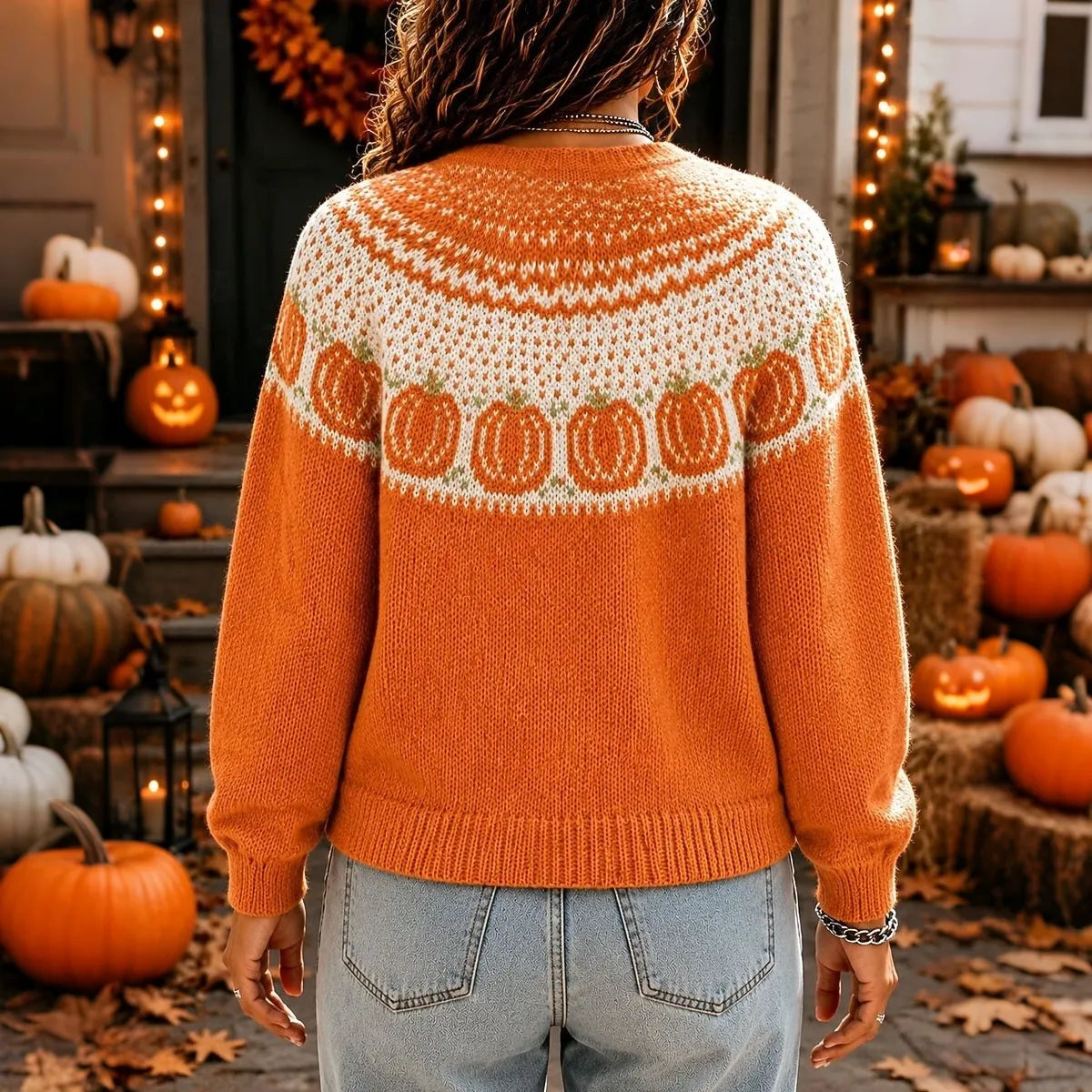 Women's Halloween Pumpkin Pattern Jacquard Fair Isle Knit Button Cardigan