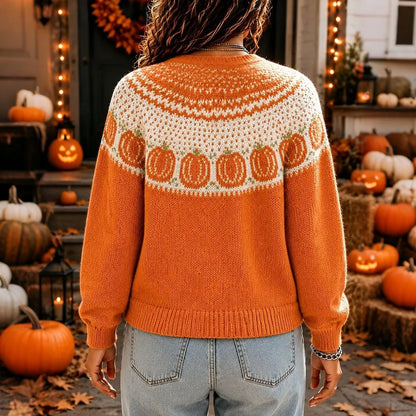 Women's Halloween Pumpkin Pattern Jacquard Fair Isle Knit Button Cardigan