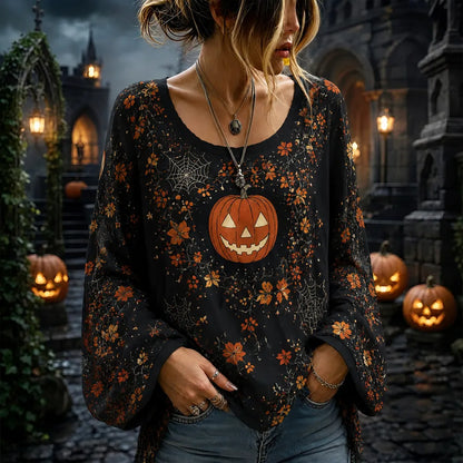 Women's Halloween Pumpkin & Spiderweb Graphic Top
