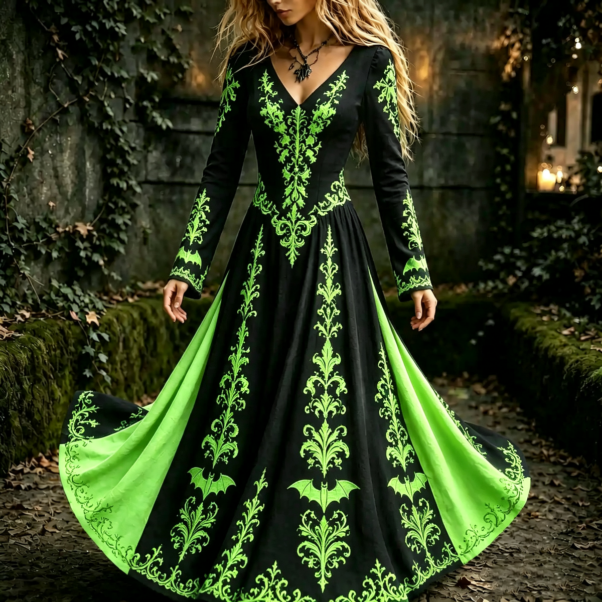 Women's Halloween Gothic Floral Bat Pattern Print V-neck Maxi Dress