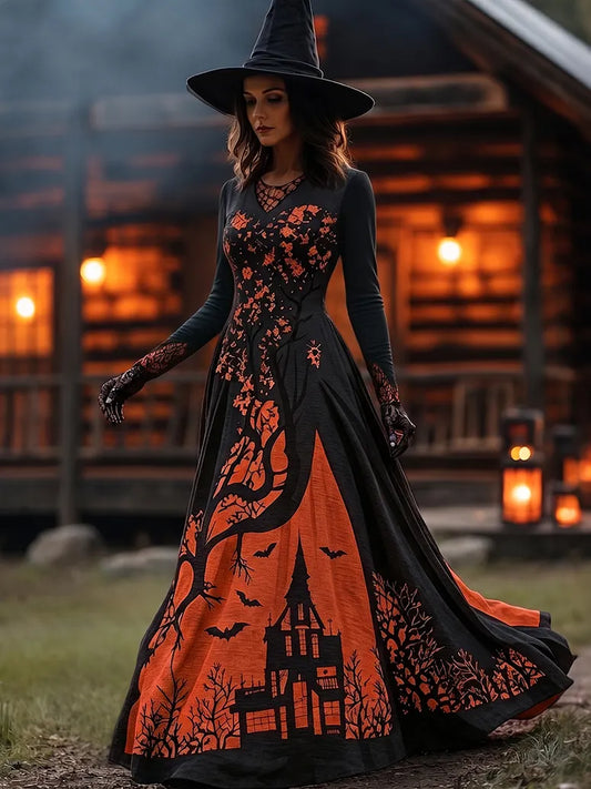 Women's Halloween Gradient Treehouse Design Witch V-neck Maxi Dress