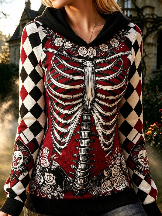 Women's Halloween Gothic Skeleton Poker Flowers Print Cozy Art Knit Hooded Sweater