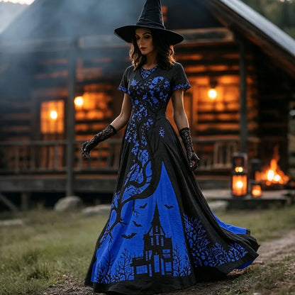 Women's Halloween Gradient Treehouse Design Witch V-neck Short Sleeves Maxi Dress
